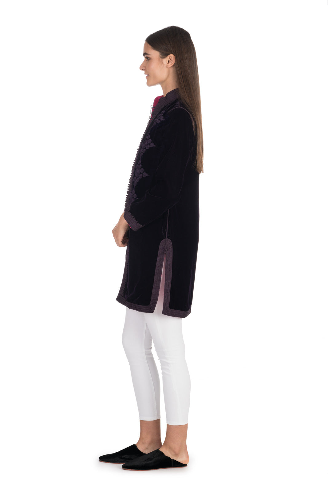 Aubergine Embroidered Velvet Tunic Coat with Fuchsia Silk Lining