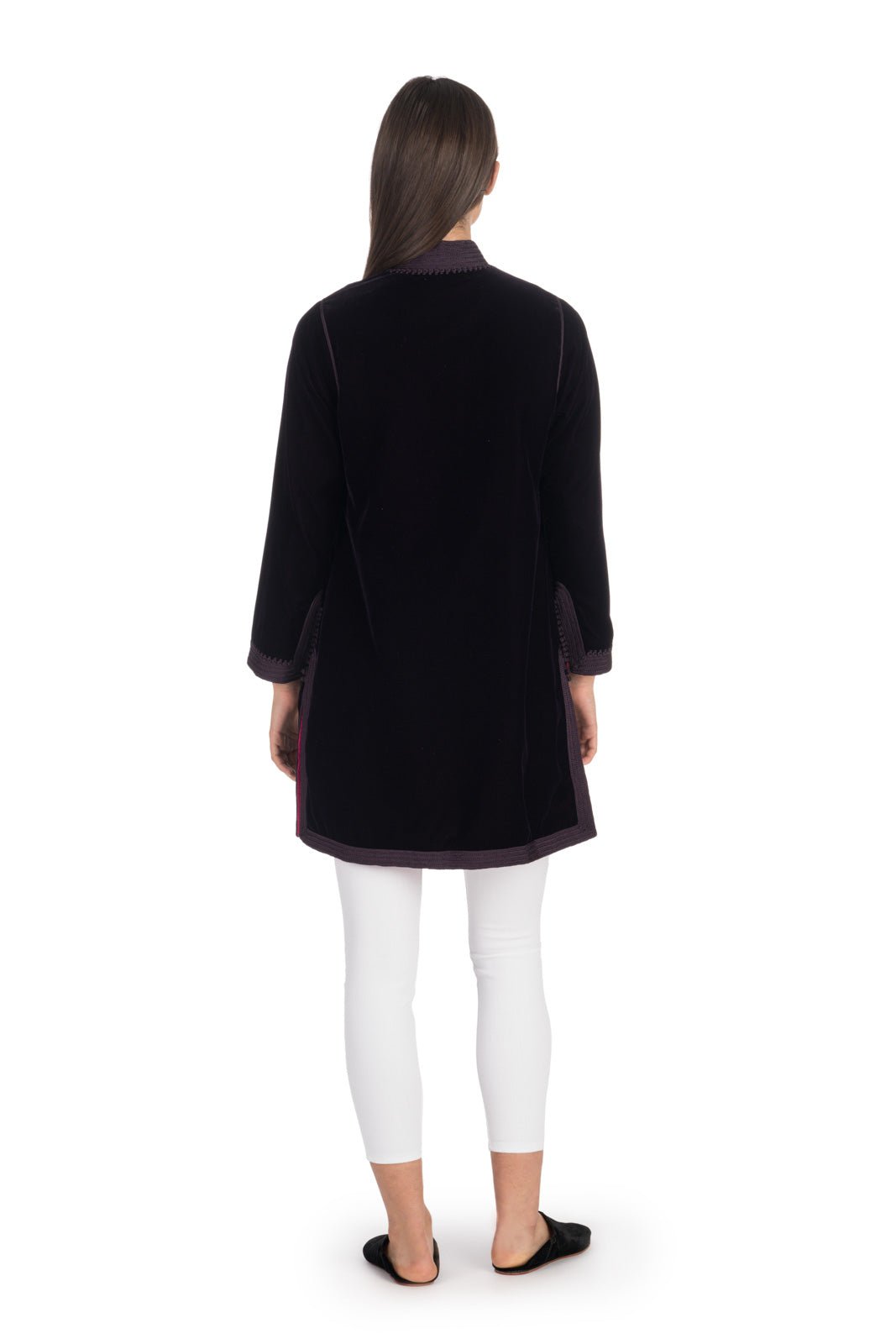 Aubergine Embroidered Velvet Tunic Coat with Fuchsia Silk Lining