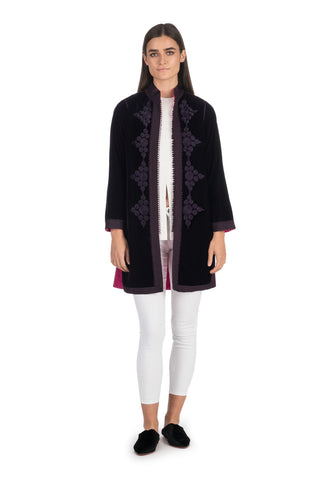 Aubergine Embroidered Velvet Tunic Coat with Fuchsia Silk Lining