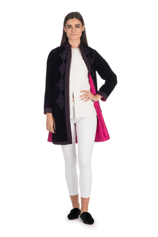 Aubergine Embroidered Velvet Tunic Coat with Fuchsia Silk Lining